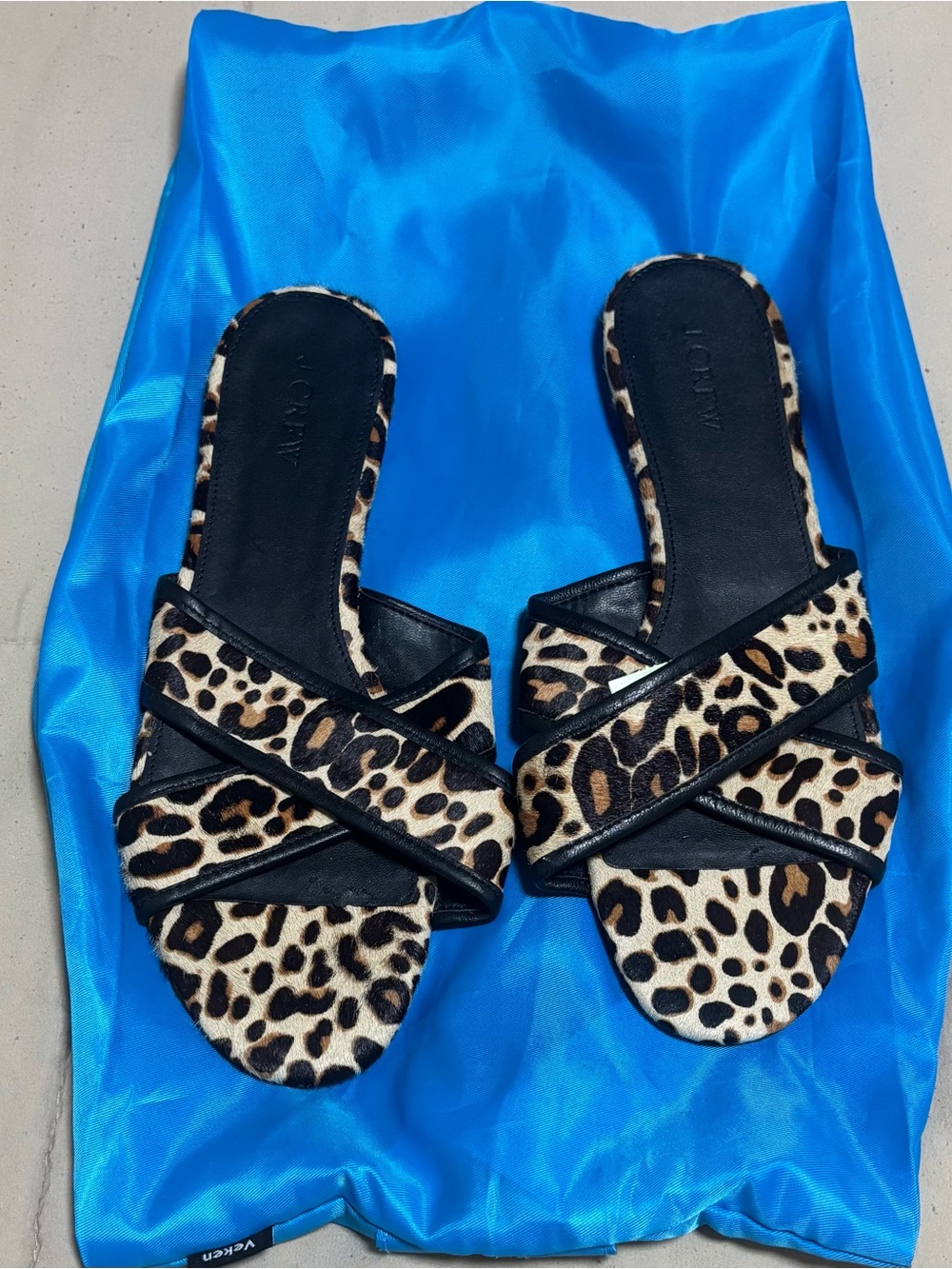 J. Crew Leopard Print Slide Sandals with Black Trim